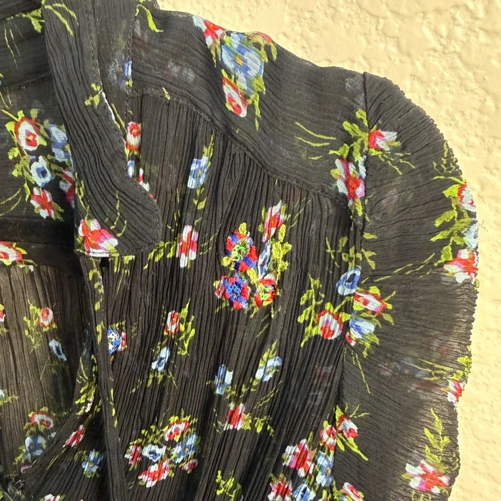 Free People Black Embroidered Floral Crinkle Sheer Smocked Peplum Top Cottage S